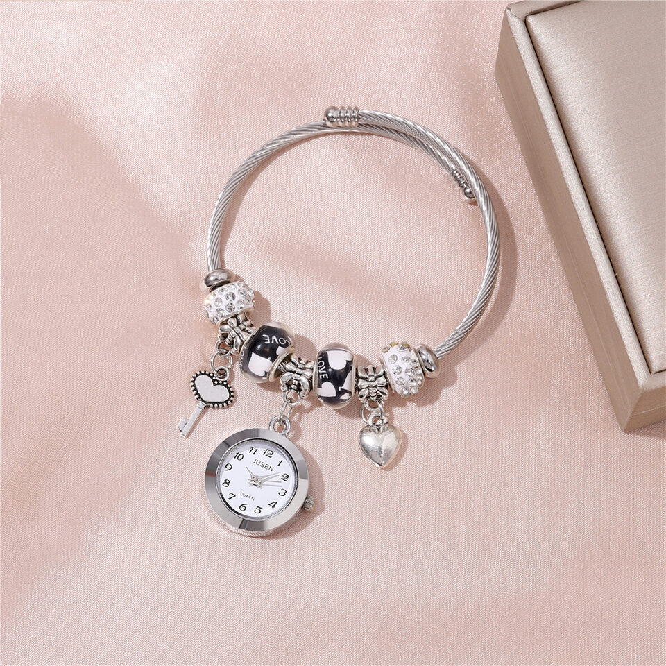Women Bangle Watch Love Heart Key Pendant Quartz