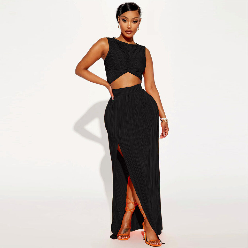 European And American Women's Clothing Slit Dress Two-piece