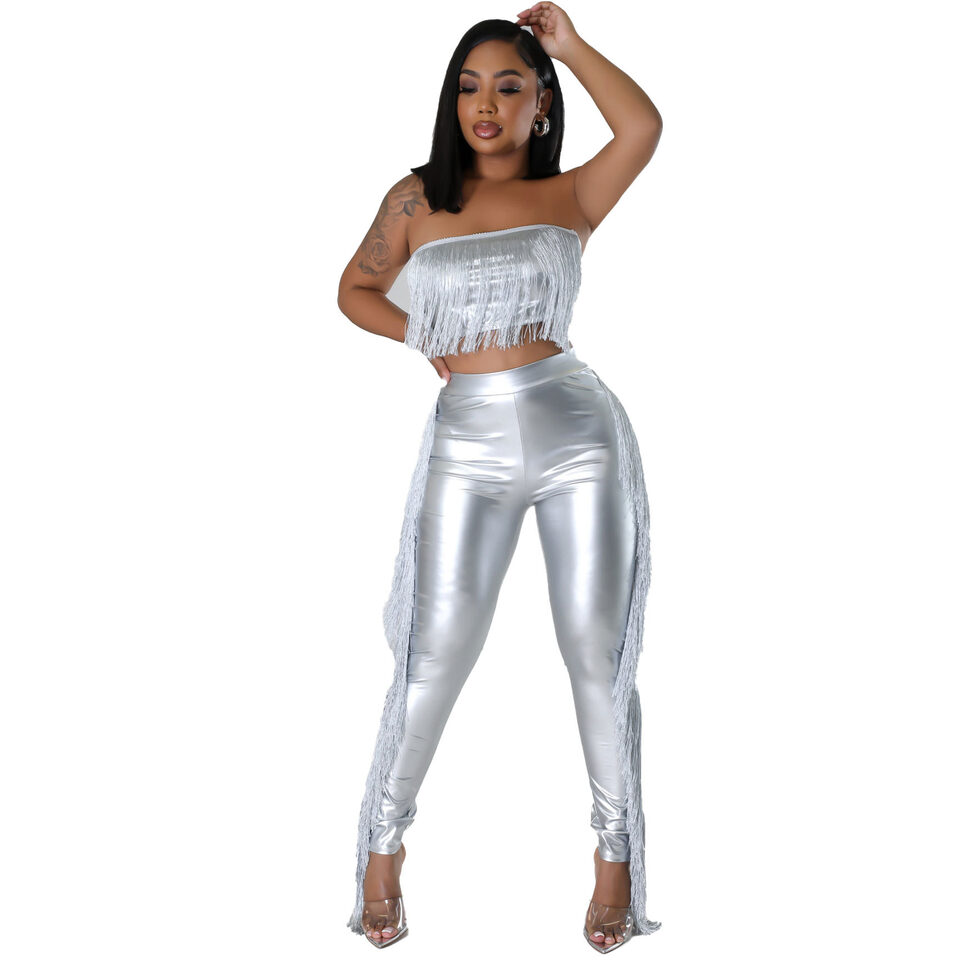 Sexy Bandeau Tassels Slim-fit Trousers Two-piece Set Nightclub