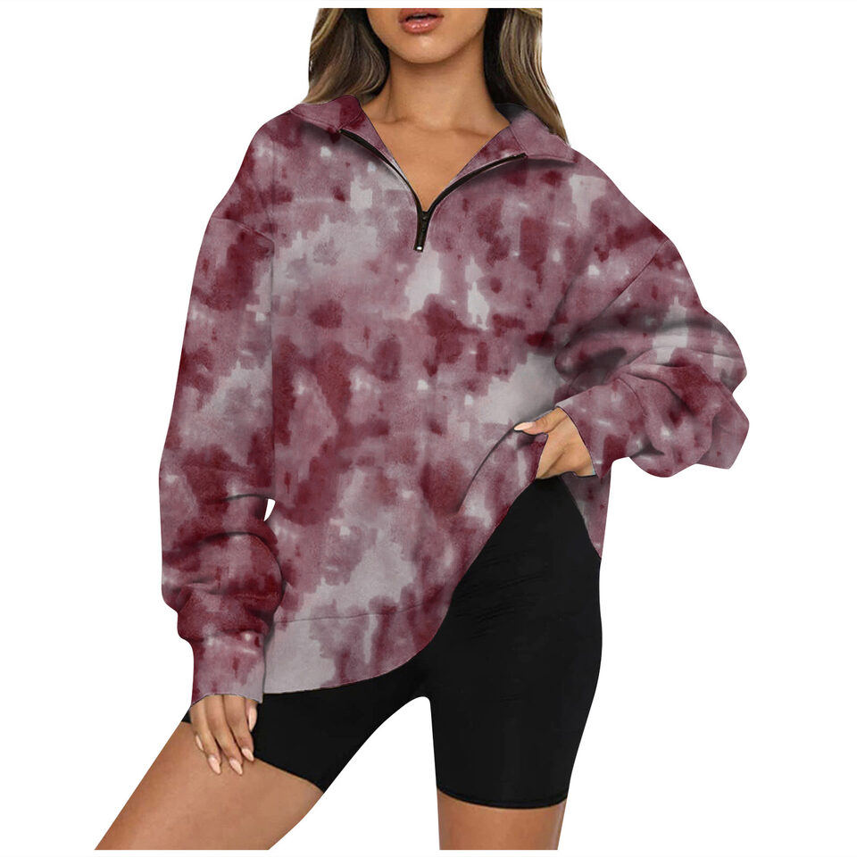 Tie Dye Printed Zippered Lapels Sweatshirt Womens Clothing