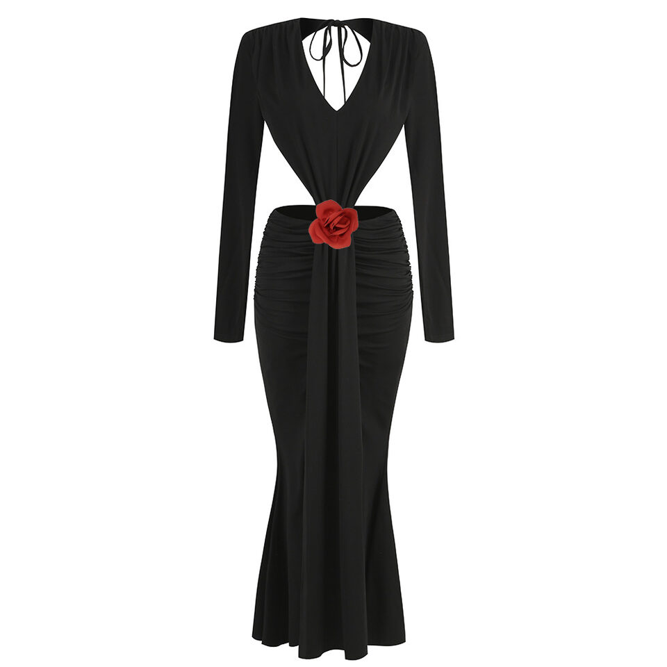 Sexy V-neck Backless Long Sleeves Skirt Waist Decorative