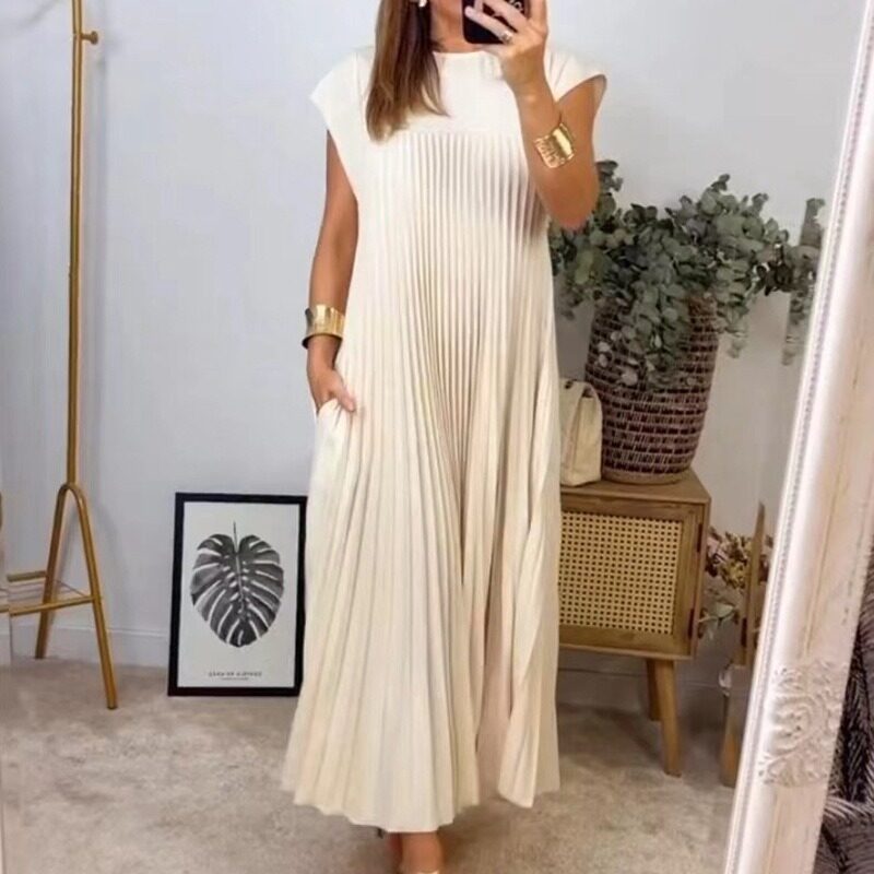 Short Sleeve Pleated Long Dress Summer Round Neck