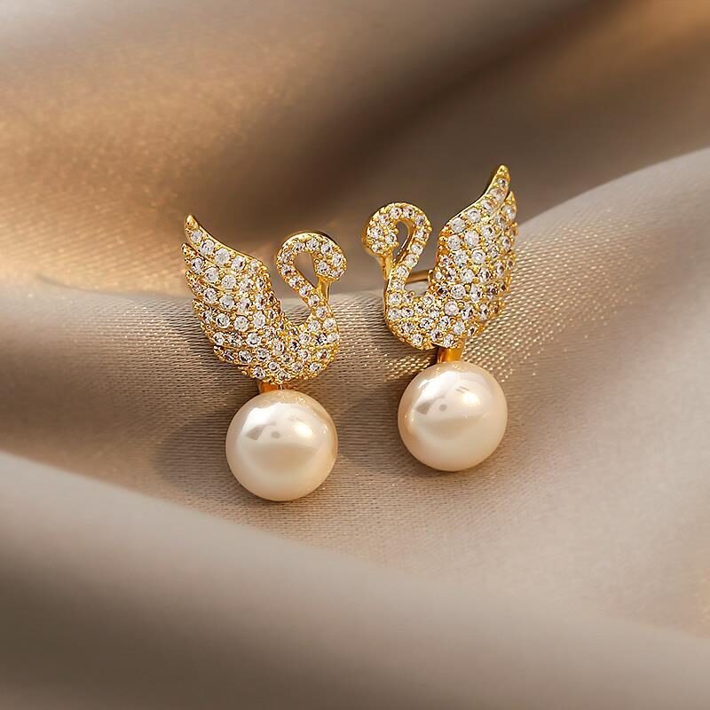 Sterling Silver Needle Korean Swan Zircon Pearl Stud