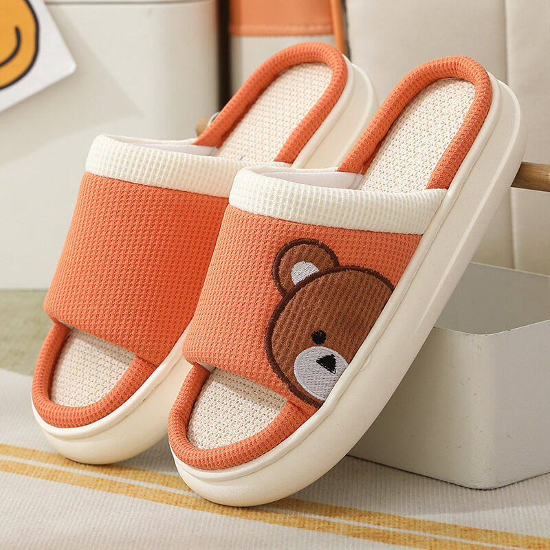 Cute Cartoon Bear Linen Slippers For Women Indoor