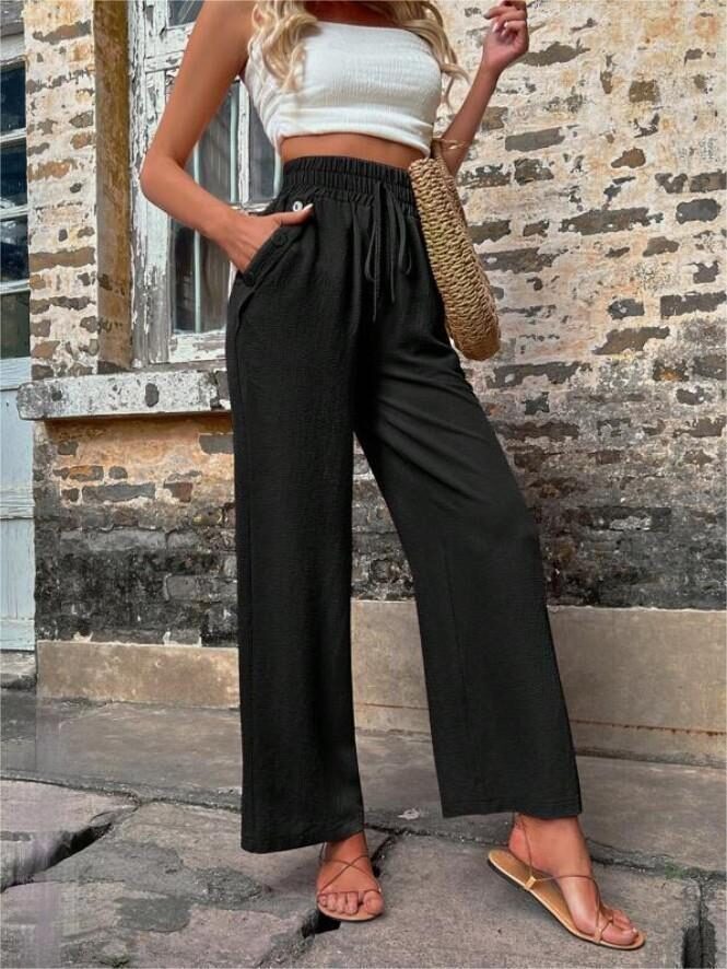 New Casual Pants With Pockets Elastic Drawstring High