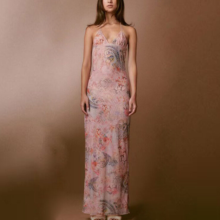 Floral Print Halter Spaghetti Straps Dress Sexy Slim