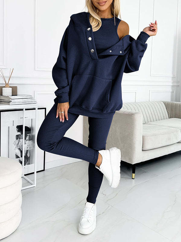 3pcs Women's Sports Suit Loose Hooded Pockets Sweatshirt