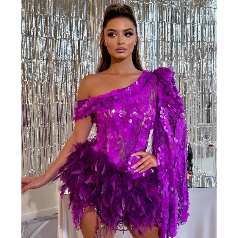 Purple Sequined Feather Skirt One-shoulder Sleeve Short Dress