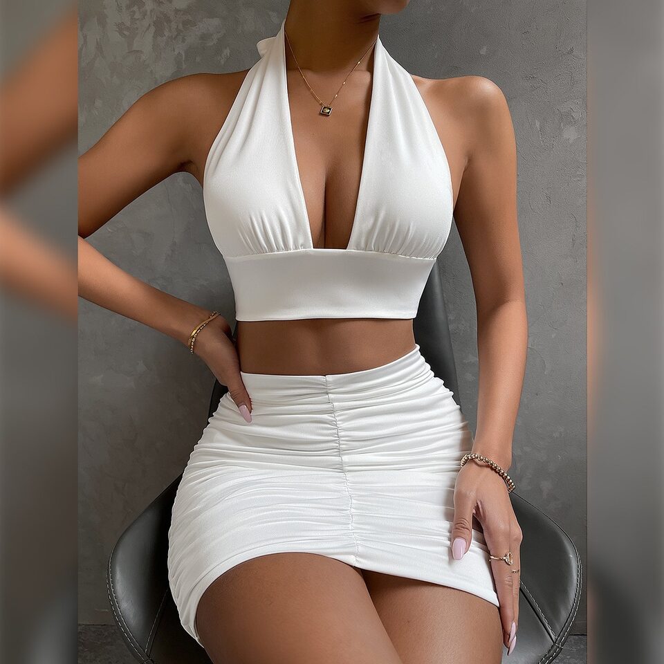 2pcs Dress Suits For Women Halter Lace-up Hip