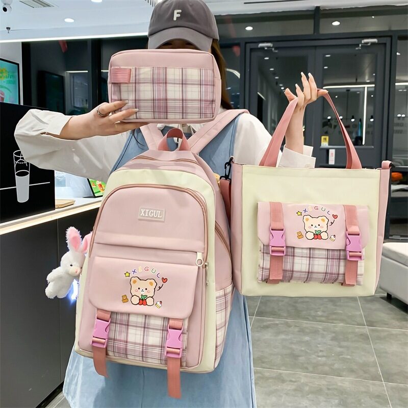 Large Capacity High School Plaid Three-piece Set Junior