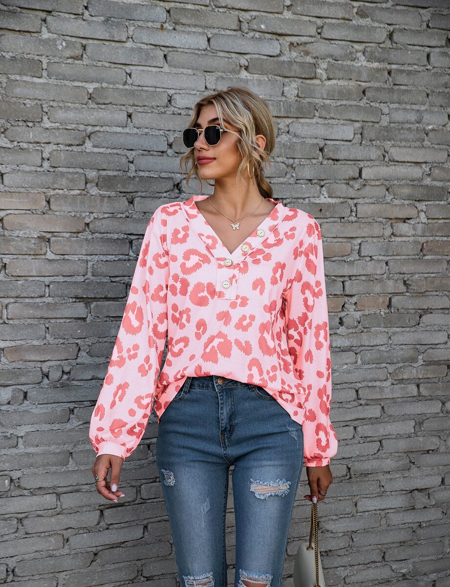 Leopard Print V-neck T-shirt Fashion Loose Long Sleeve