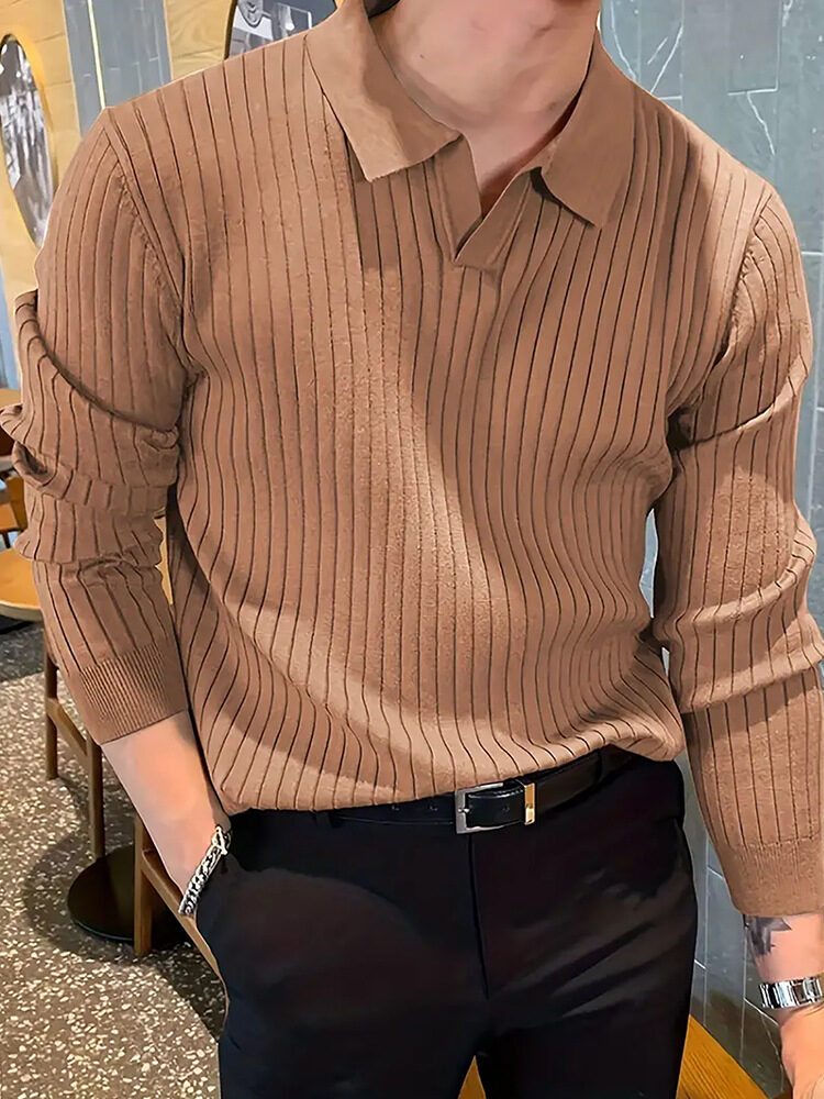 Lapel Texture Stretch Slim Knit Polo Shirt Men
