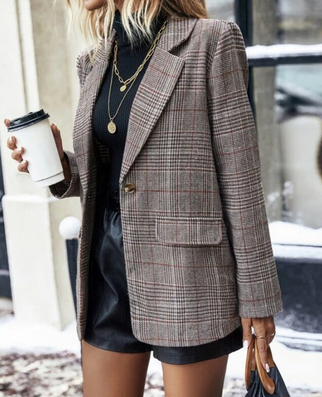 Women's Suit Jacket Plaid Printed Lapel Single Button