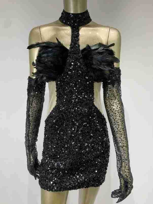 Dress Halter Feather Sequins Short Hip Skirt
