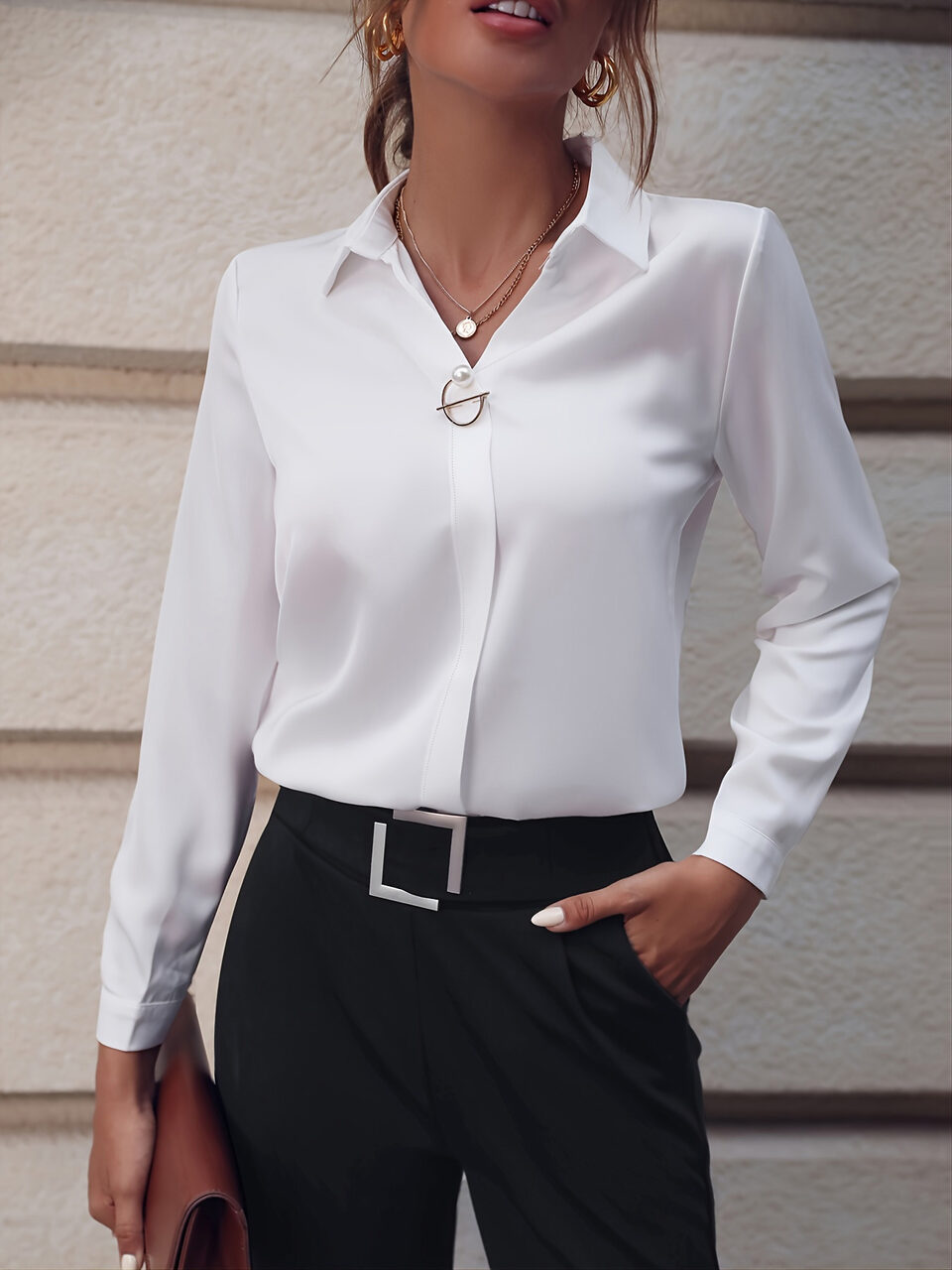 Commuter V-neck Long-sleeved Shirts Ins Fashion Solid Color