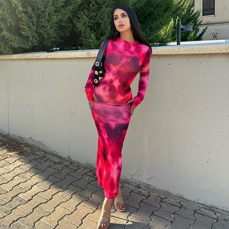 Fashion Tie-dye Long-sleeved Dress Slim Fit Hip-hugging Long