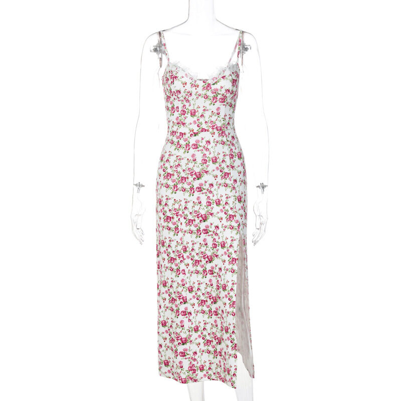 Lace Flowers Print Long Dress Sexy Fashion Slit