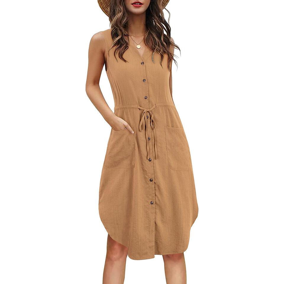 Sleeveless V-neck Buttoned Dress With Pockets Fashion Casual