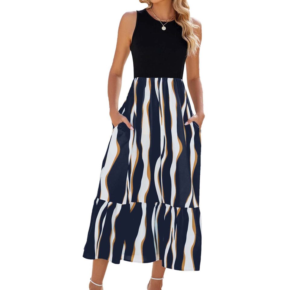 Round Neck Sleeveless Long Dress Summer Fashion Striped