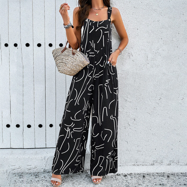Fashion Print Square Neck Jumpsuit With Pockets Spring