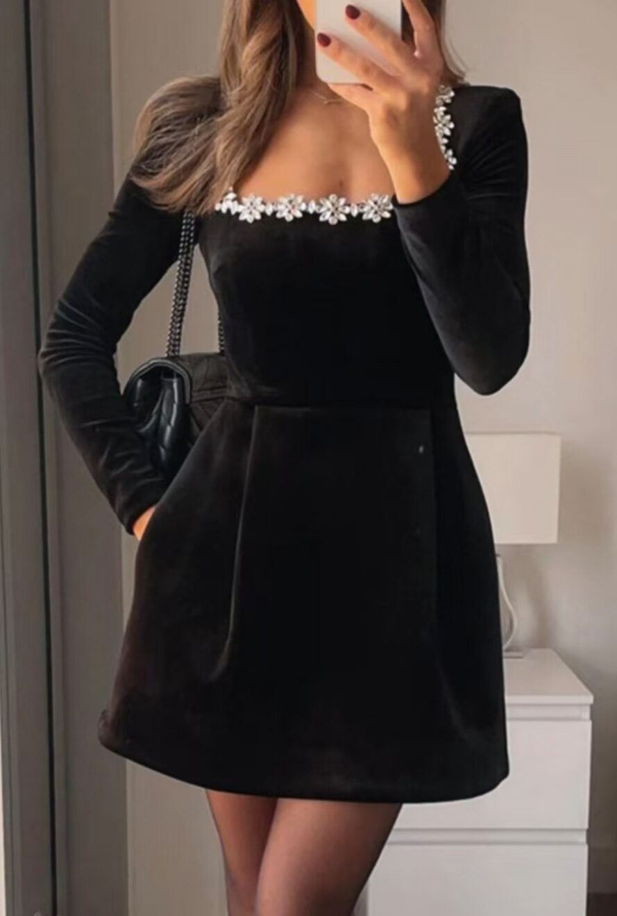 Christmas Elegant Square Neck Long-sleeved Dress With Flowers