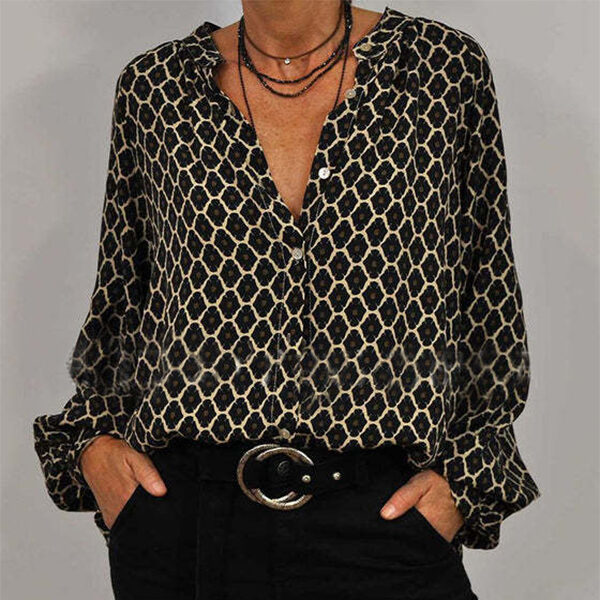 Fashion Lozenge Print V-Neck Shirt Casual Loose Long