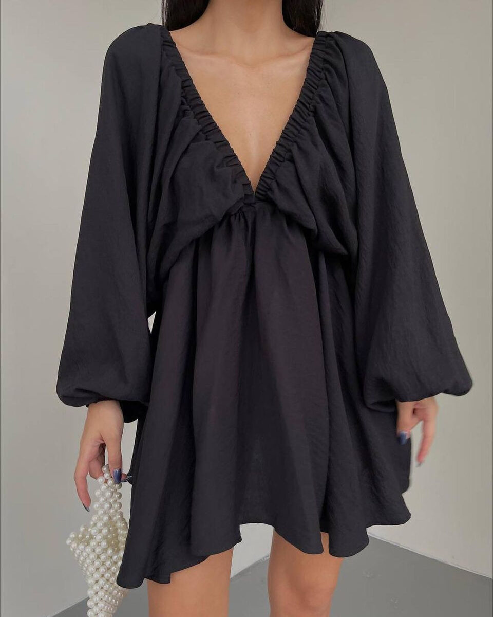 V-neck Lantern Sleeve Dress Fashion Loose Long-sleeved Dresses