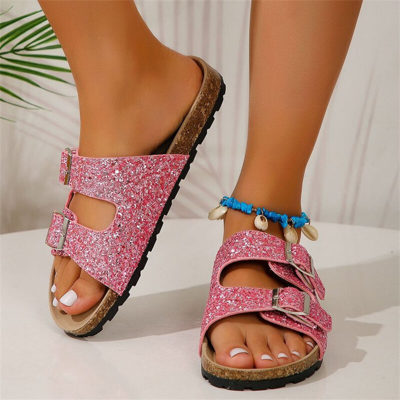 Double Buckle Sandals For Women New Fashion Sequined