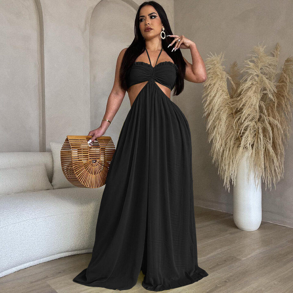 Chiffon Chest-wrapped Bare Back Wide-leg Jumpsuit European