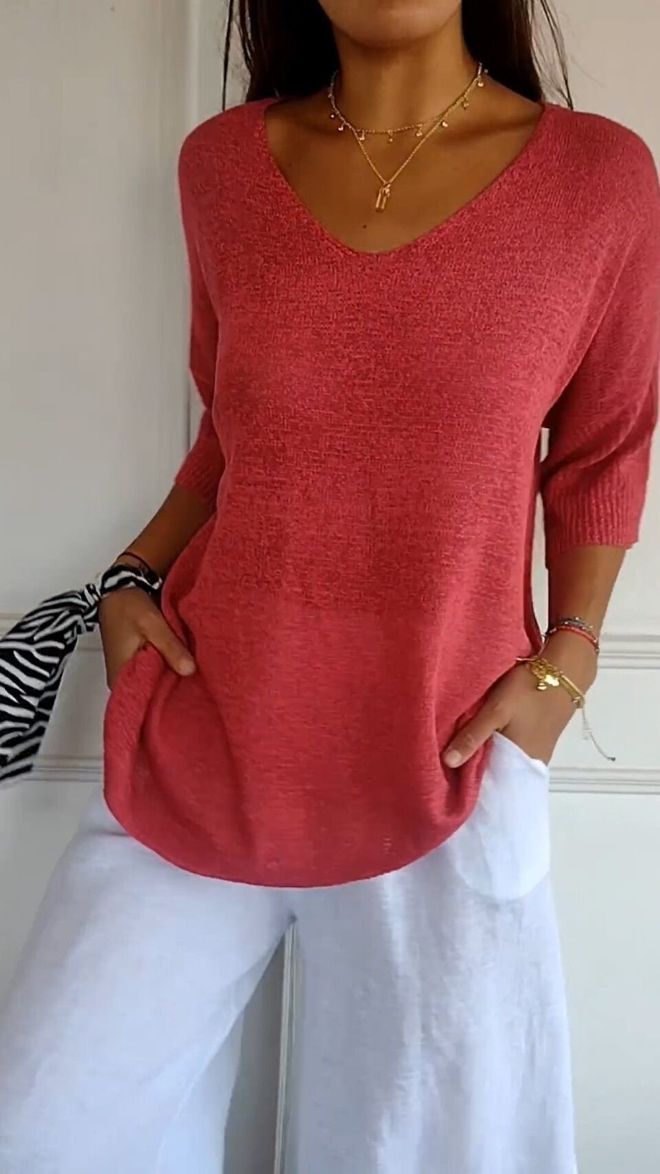 Solid Long Sleeve Sweater Slimming V-neckline Knitwear Women's