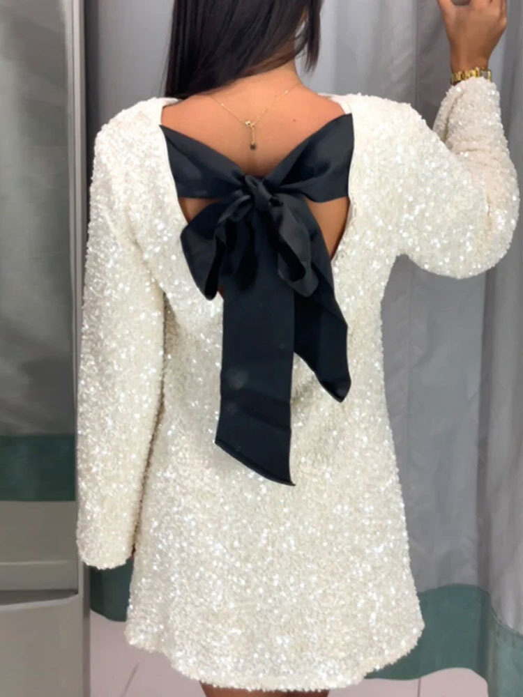 Sequined Back-Bowed Dress Fashion Round Neck Long Sleeve