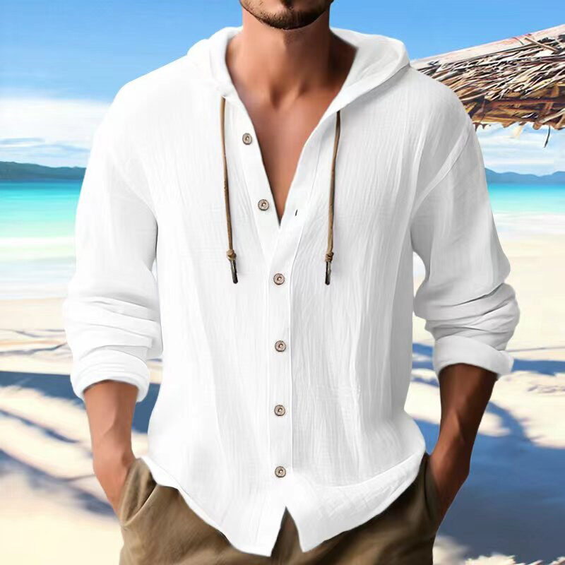 Cotton And Linen Shirt Hooded Sweater Button Long