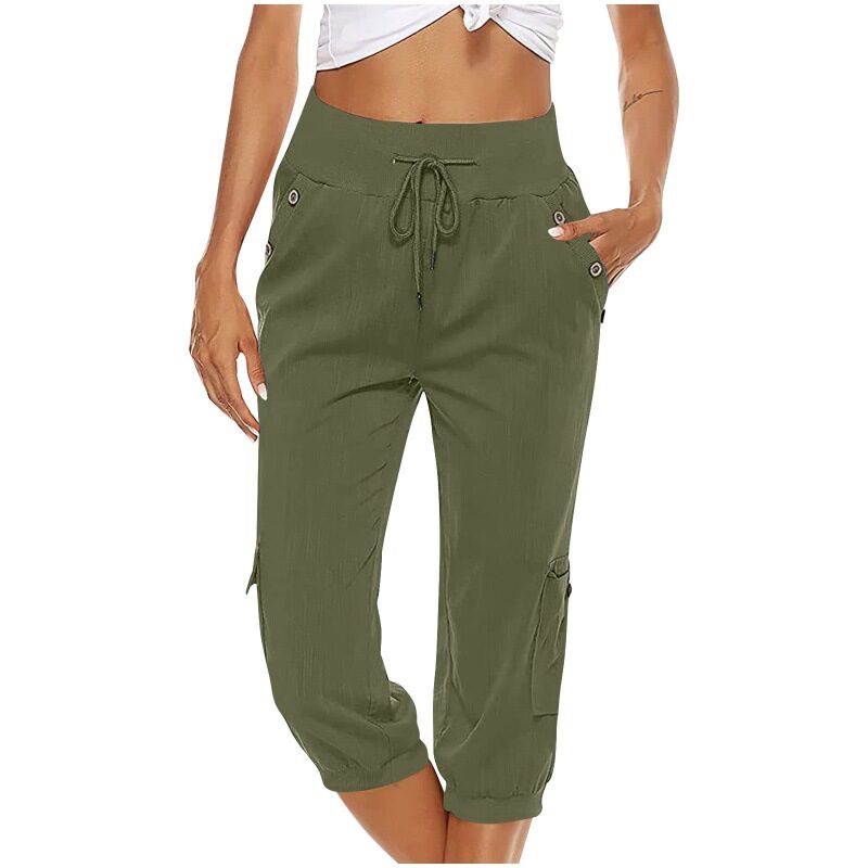 Women's Cropped Pants Cotton Linen Cargo Pocket Casual