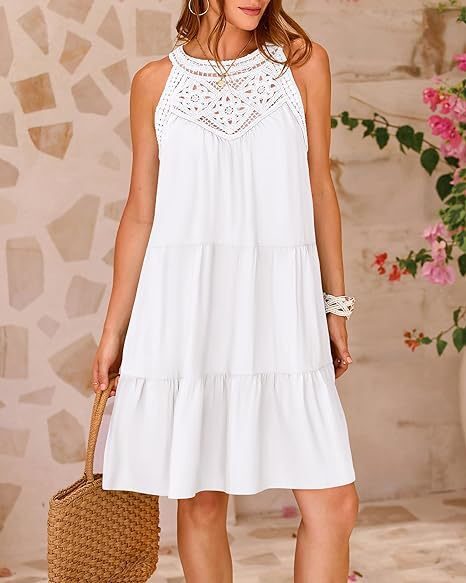 Summer Halterneck A-line Dress With Flower Hollow Lace