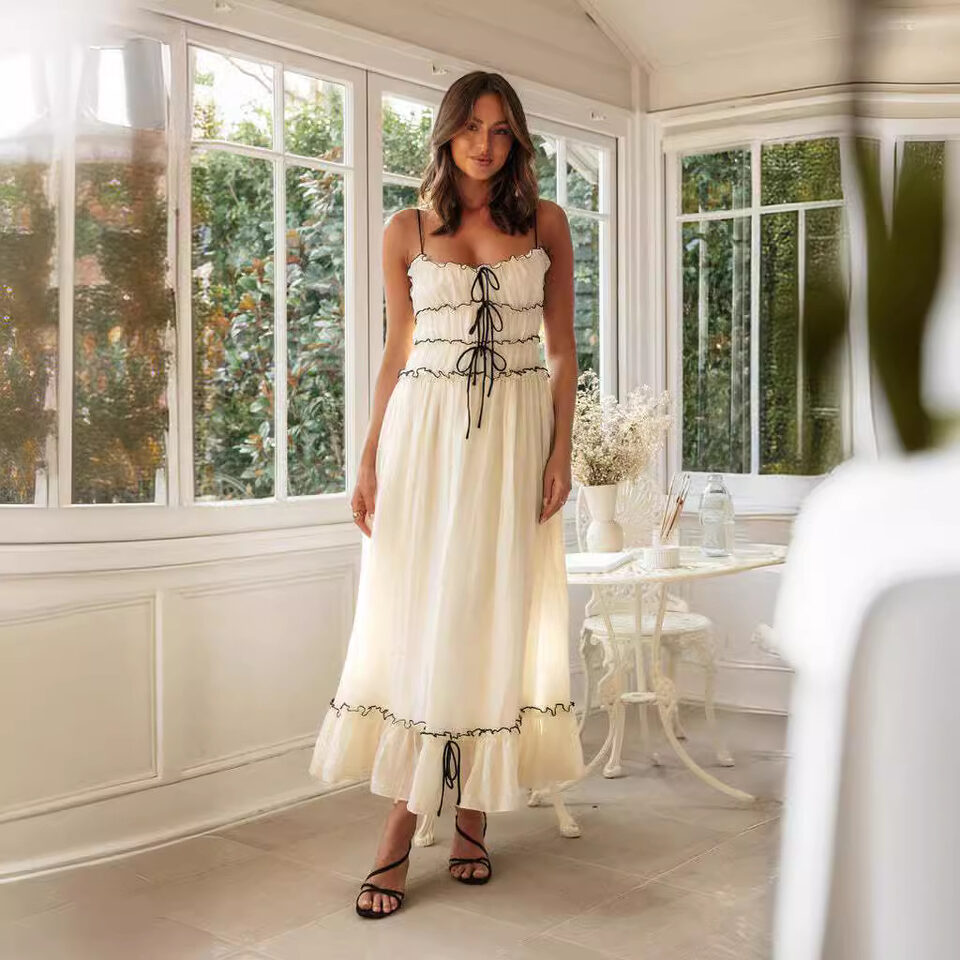 Summer Suspender Spaghetti Strap Long Dresses With Bow