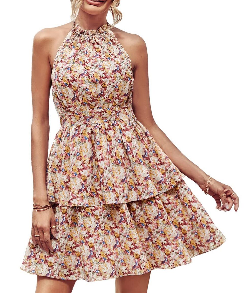 Summer Printed Halter Dress Fashion Boho Backless Ruffled