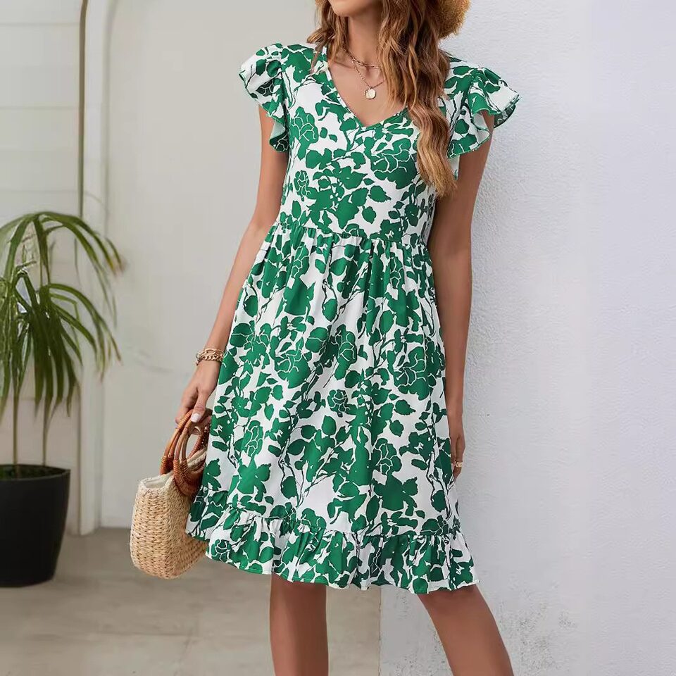 Leaf Print Dress Summer V-neck Ruffled Sleeveless A-Line