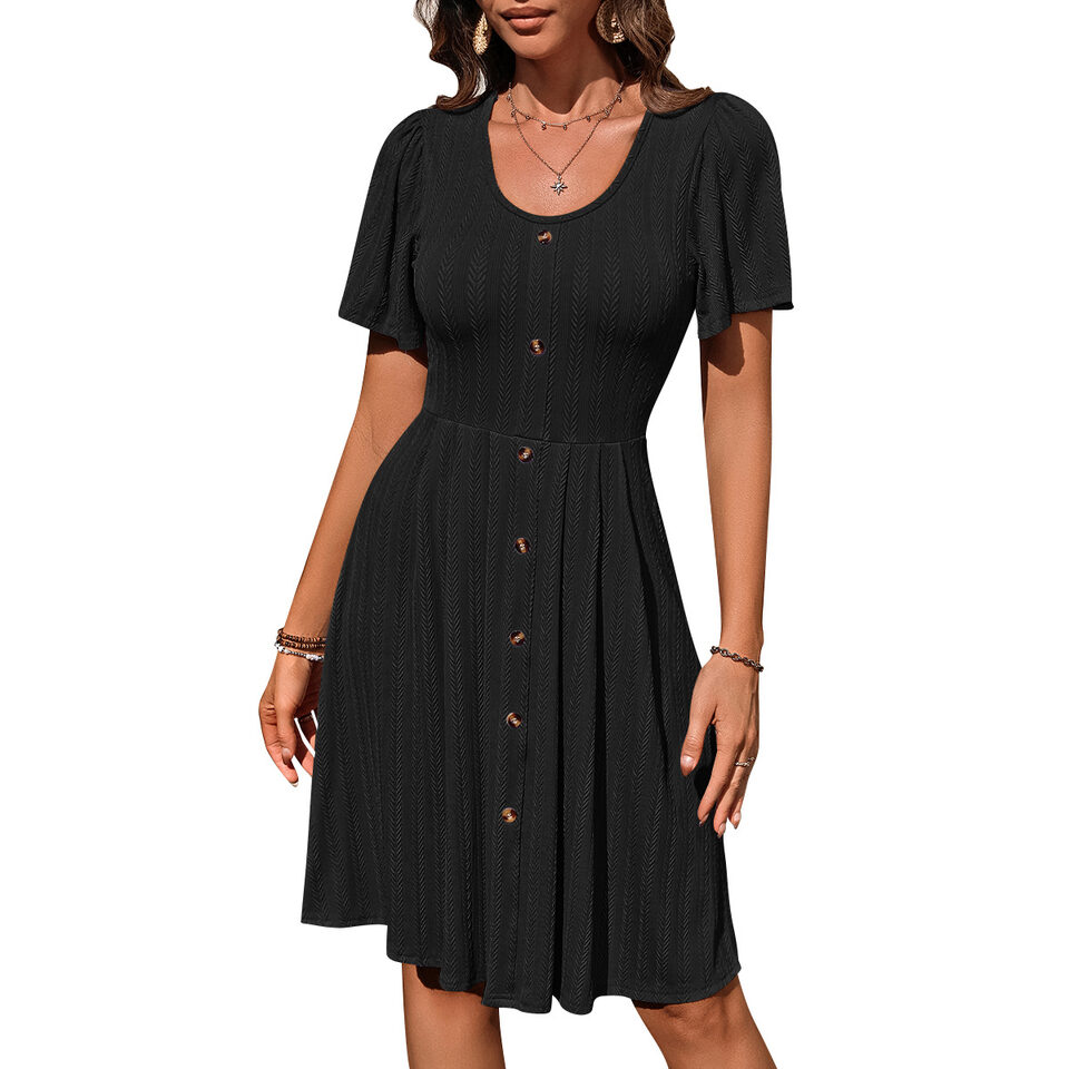 Summer U-neck Short-sleeved Dress With Button Design Fashion
