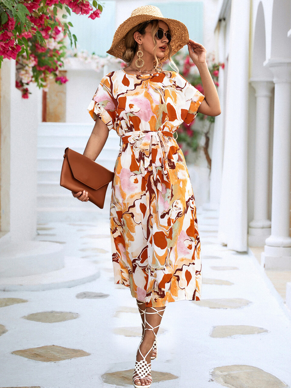 Summer Print Short-sleeved Dress Loose Lace-up A-line Long