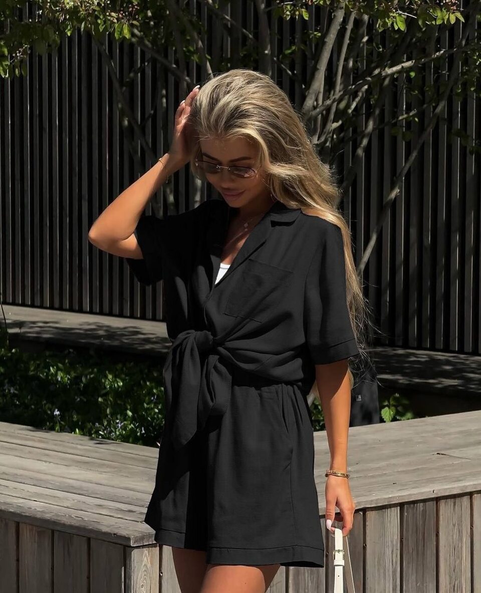 Women's Short-sleeved Shorts Jumpsuit Lace-up Turn-down Collar Solid
