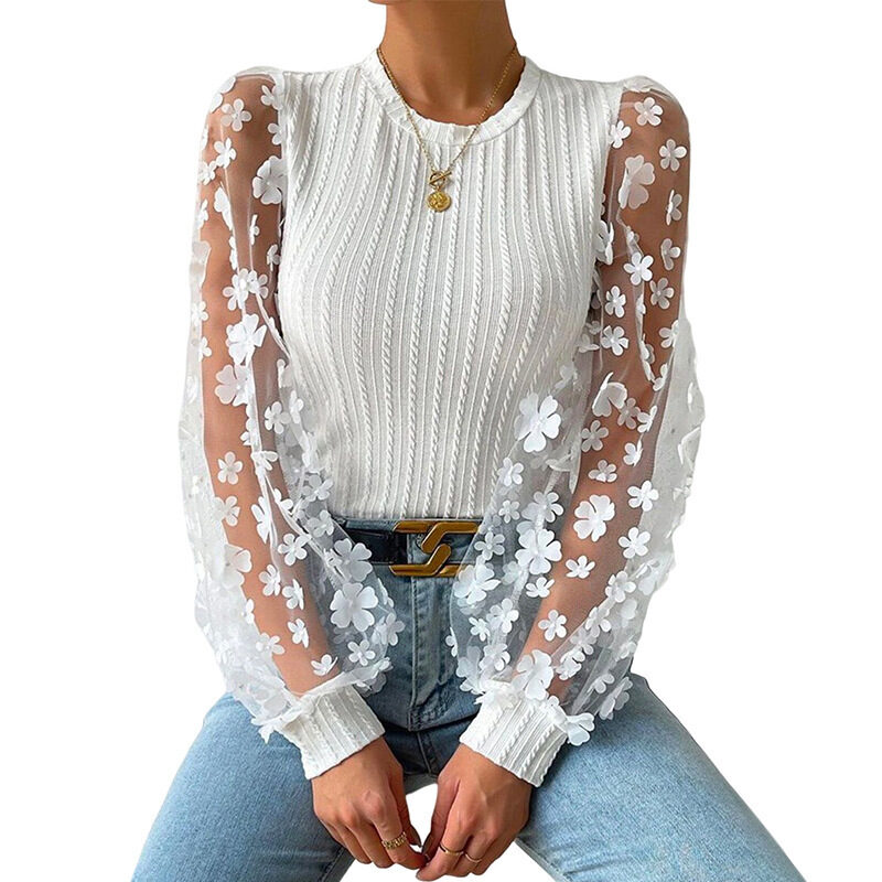 Women's Mesh Small Flower Chiffon Shirt Summer Round
