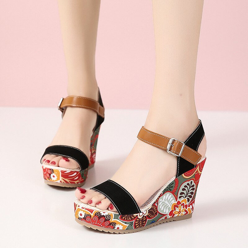 Fashion Flowers Embroidered High Wedge Sandals For Women