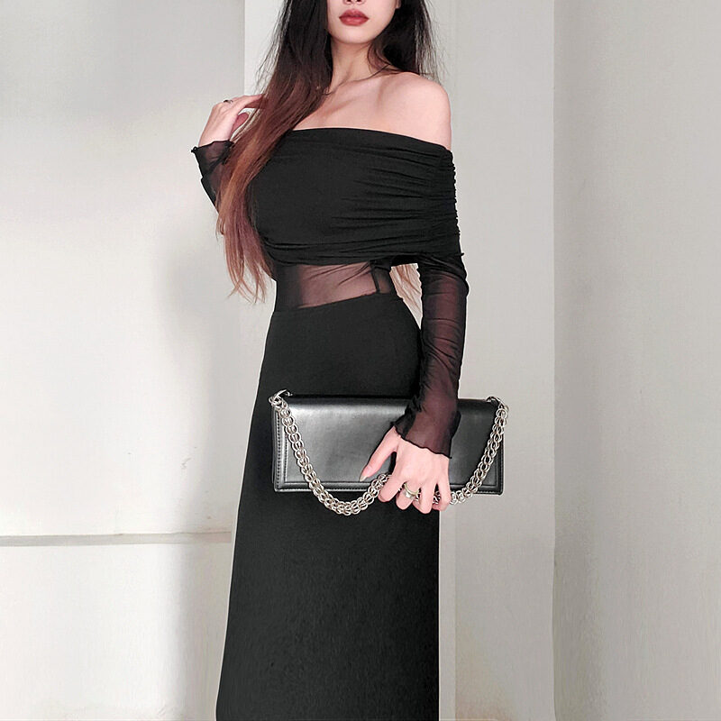 Women's Winter Sexy Off-the-shoulder Pleated Long Sleeve Polyester