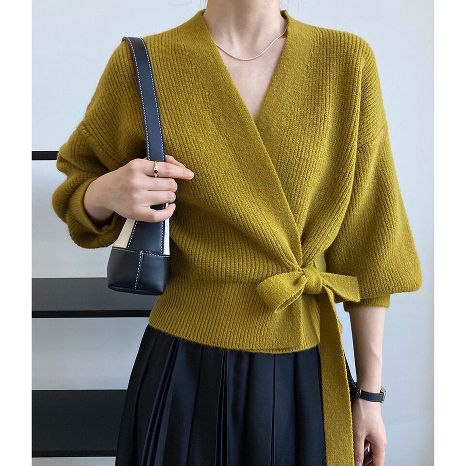French Retro Knitted Cardigan Top V-neck Tie Loose