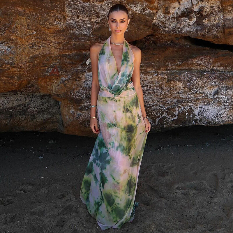 2pcs Tie Dye Printing Deep V-neck Suits Fashion