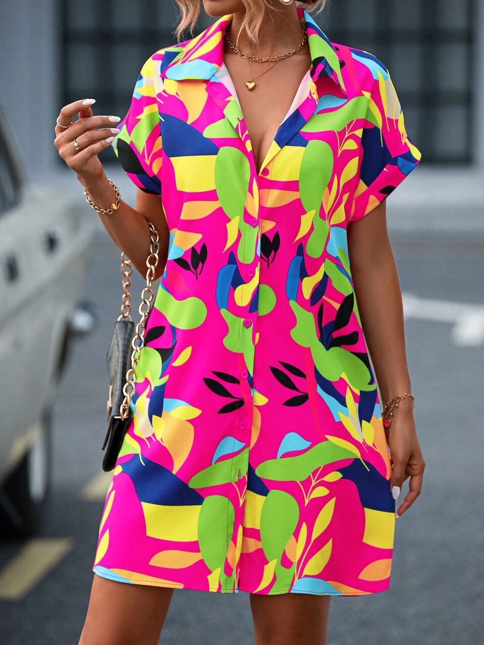 New Floral Print Short Sleeve Shirt Dress Summer