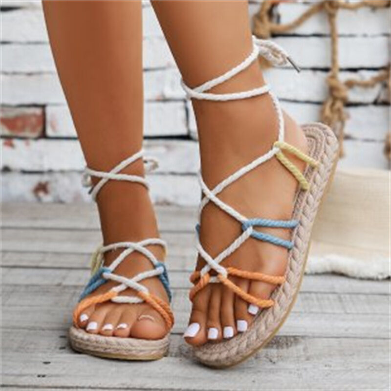 Color-block Cross-strap Hemp Rope Sandals Summer Round Toe