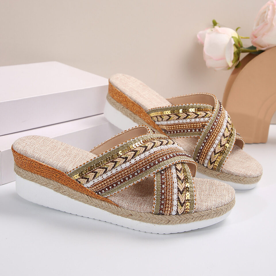Linen Wedge Sandals Summer Ethnic Style Cross-strap