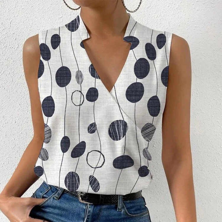 Casual Printed Tops Summer V-neck Sleeveless T-shirt Womens