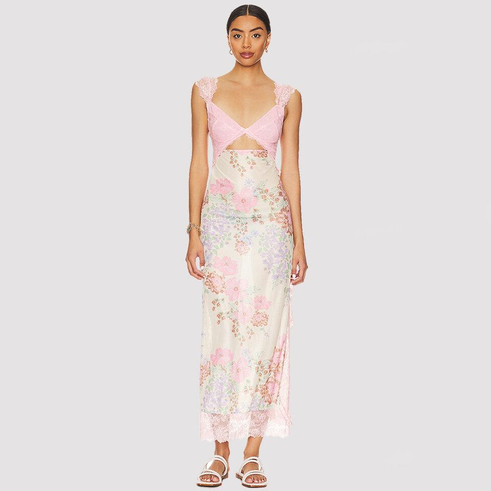 Slim V-neck Lace Shoulder-strap Dress Stitching Flowers Print